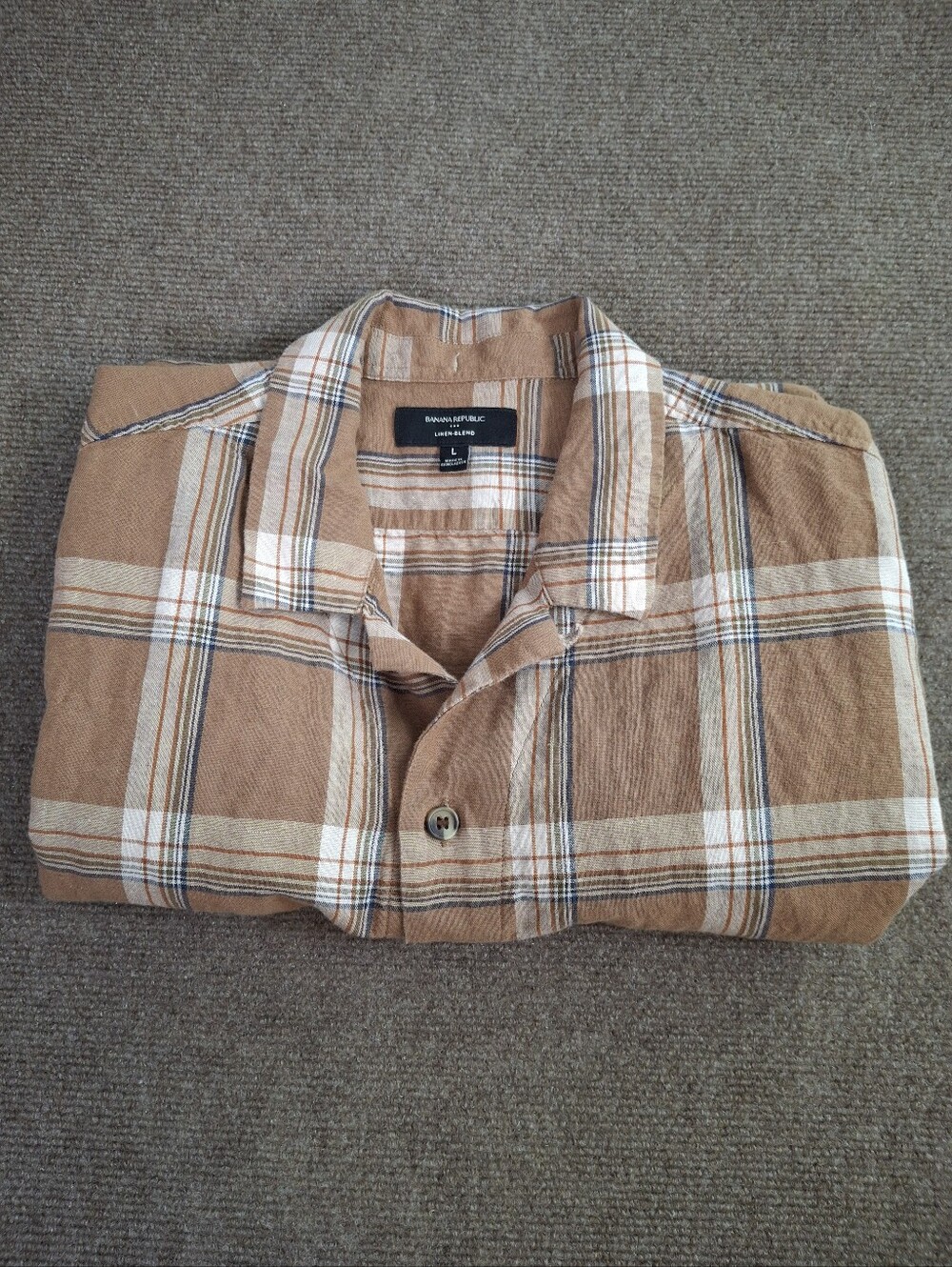 Banana Republic Brown Plaid Linen Blend Short Sleeve Button Up Shirt Size Large